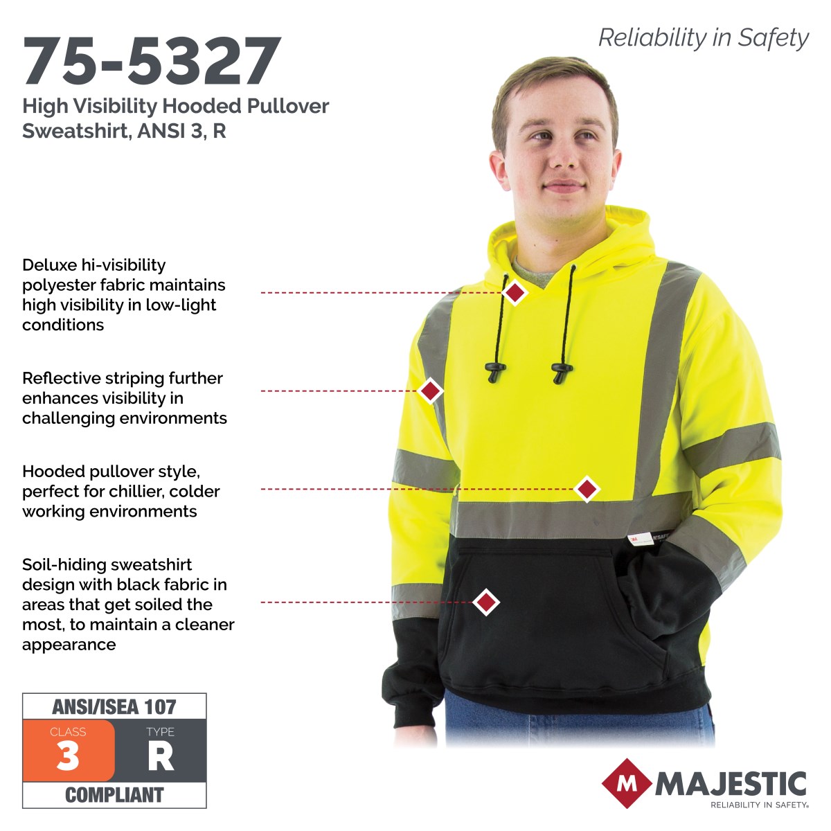 High Visibility Hooded Pullover Sweatshirt, ANSI 3, R | Majestic Glove